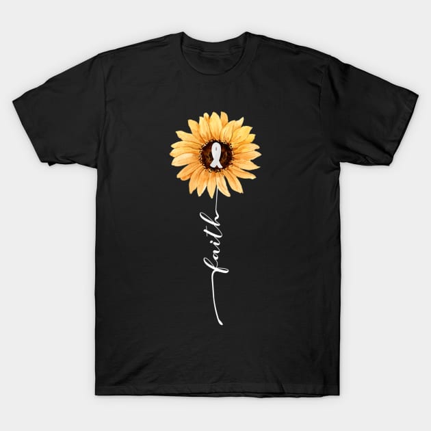 Faith Sunflower Gray Ribbon Brain Cancer Awareness T-Shirt by eldridgejacqueline